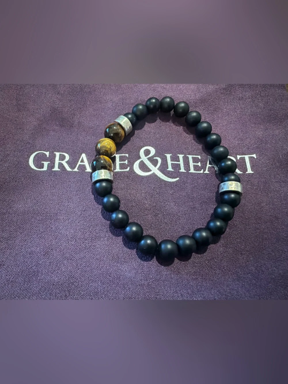Grace & Heart Black Matte Bead Bracelet with Tiger Eye Accents
